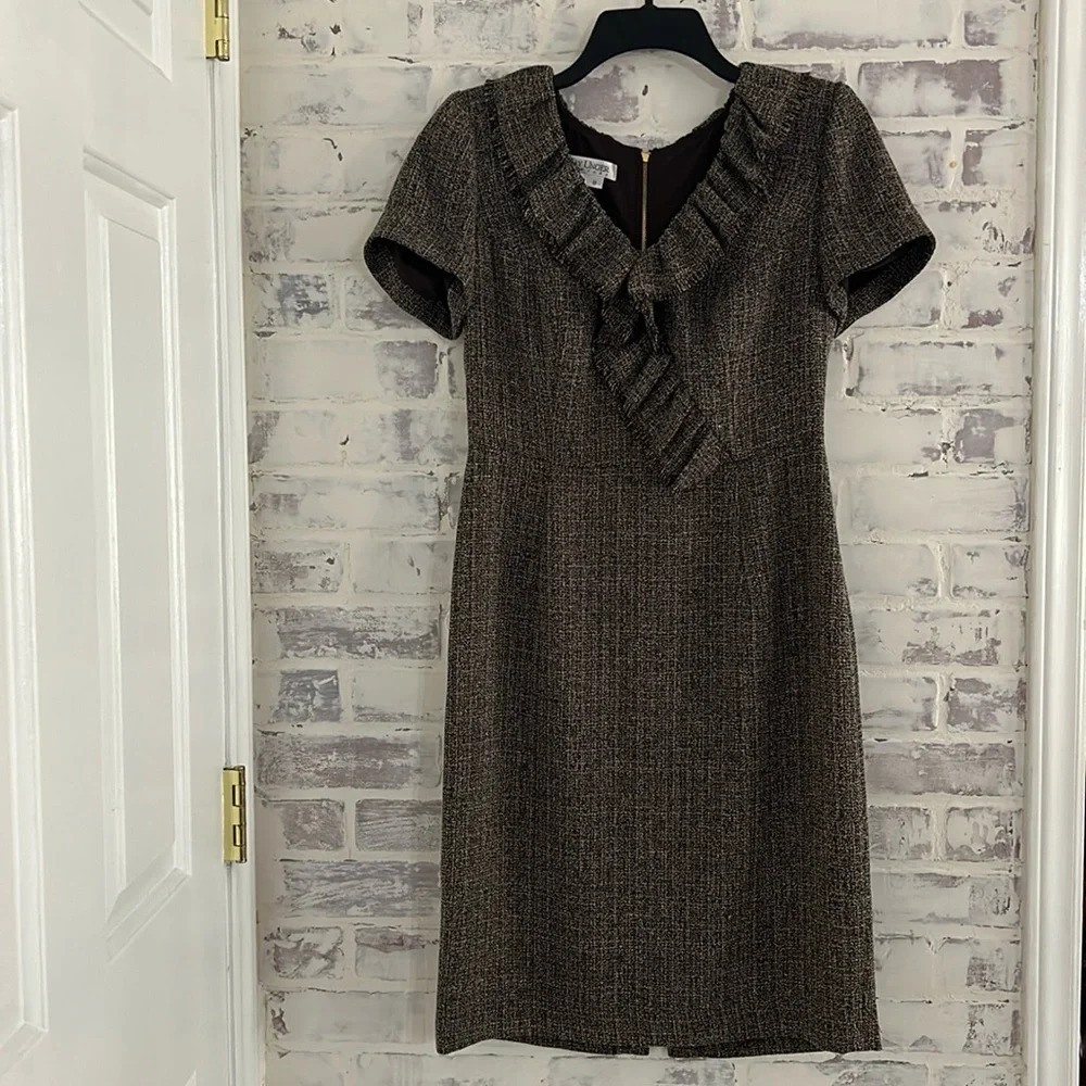 Kay Unger Women’s Dress Tweed Knee Length Brown V-Neck Fall Career Work Size 8